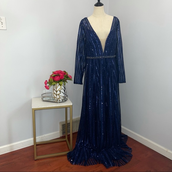 # Mac Duggal Sequins Stripe Plunge Neck Long Sleeve A Line Gown In Midnight NWT - Picture 2 of 16